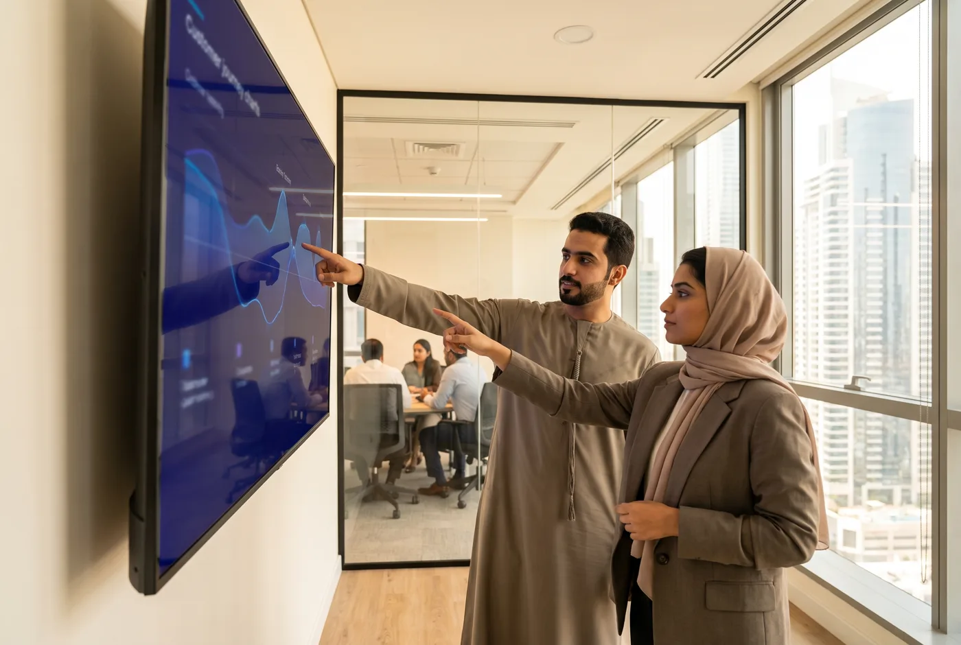 A product team reviewing a HeyServo integration on a wall screen